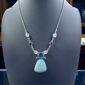 Larimar Glass Gemstone Necklace Boho Coastal Statement Festival Mermaidcore